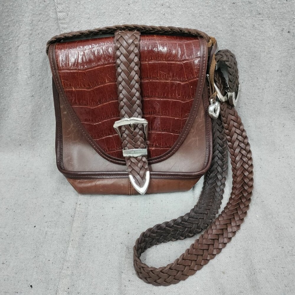 Y2K Brighton Leather Messenger Bag Croc Foldover Crossbody Purse Brown Braided